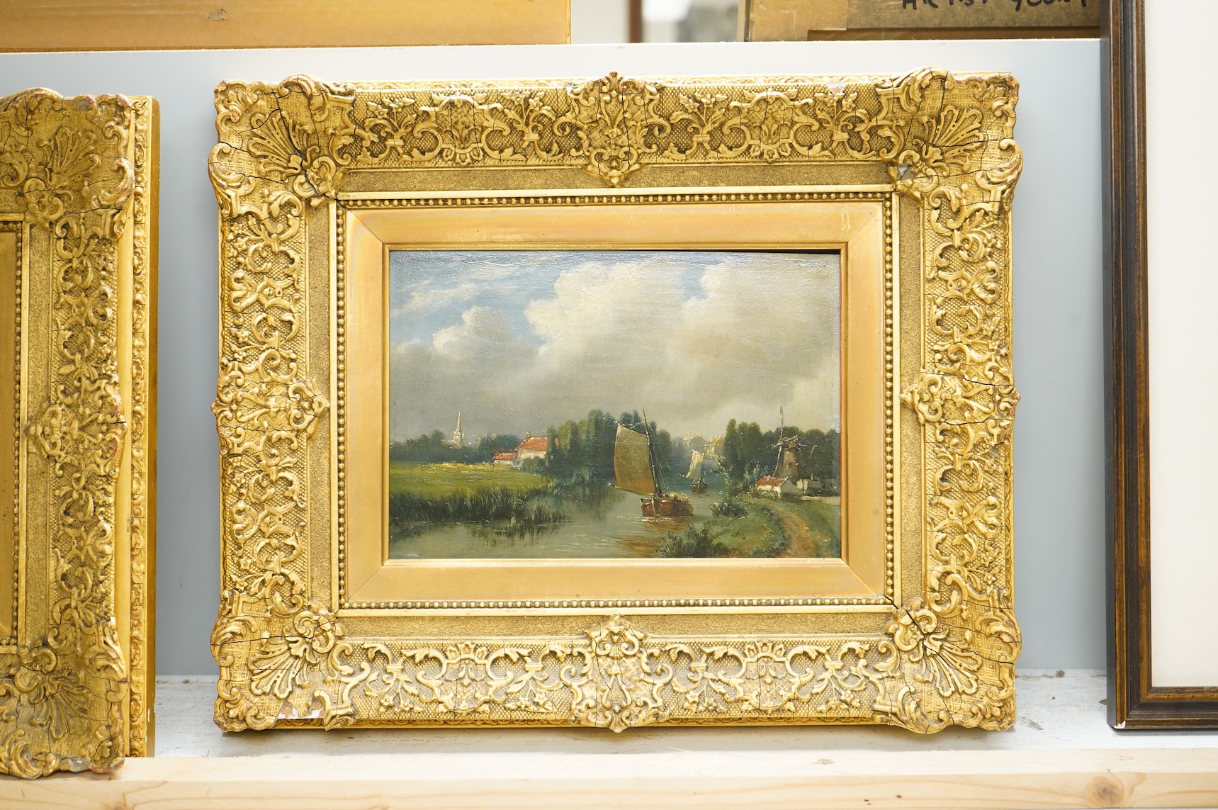 20th century, Dutch school, Beach scene, windmill and riverscape, set of three oils on board, ornate gilt framed, 16 x 22cm